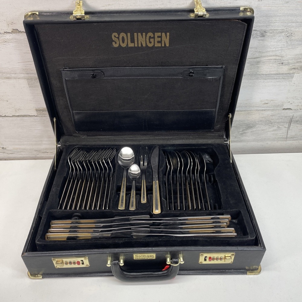 Solingen Germany 18/10 Stainless Gold Trim Flatware 66 Piece‎ Set with Case